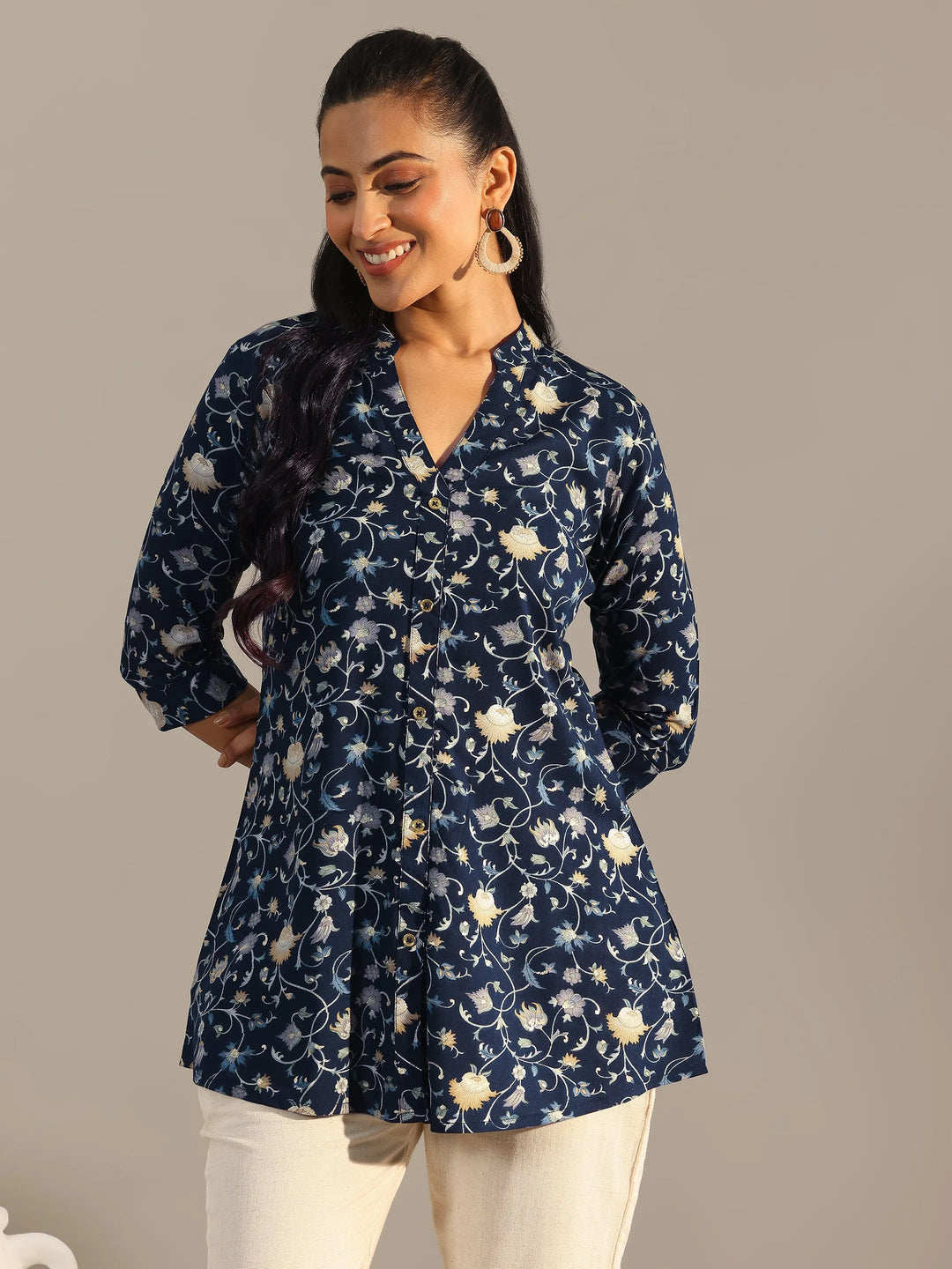 Blue Printed Rayon Straight Short Kurti