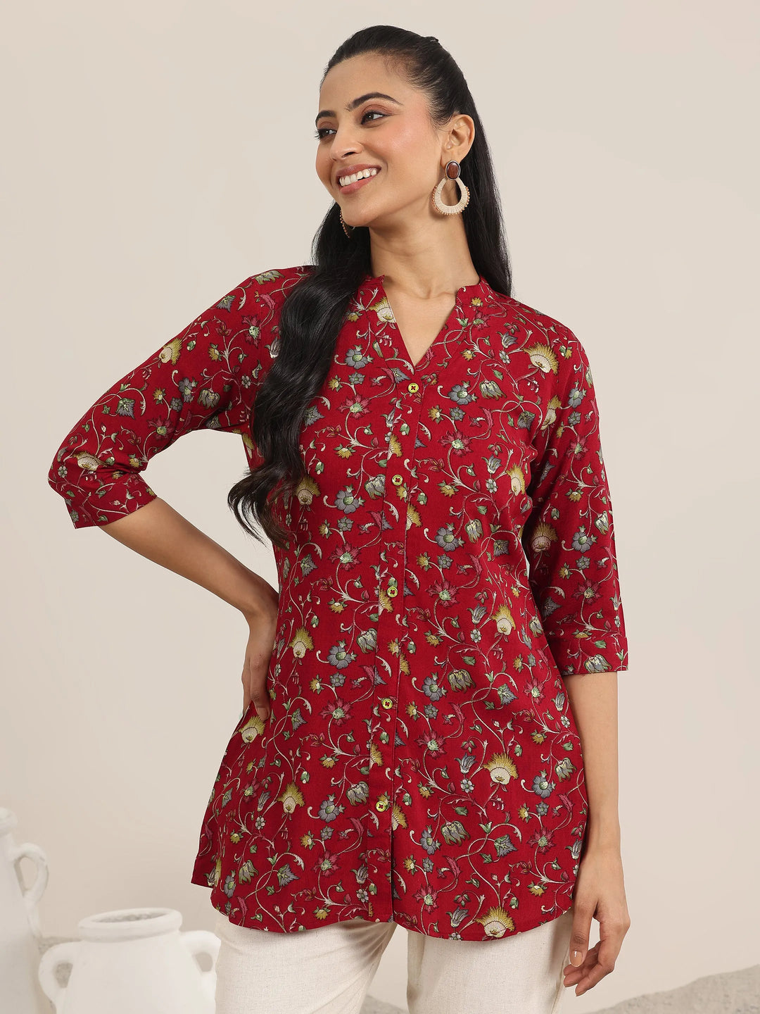  Red Printed Rayon Straight Short Kurti 