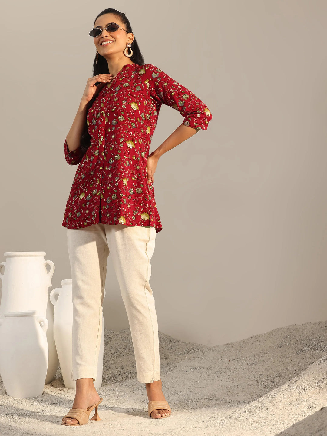  Red Printed Rayon Straight Short Kurti 