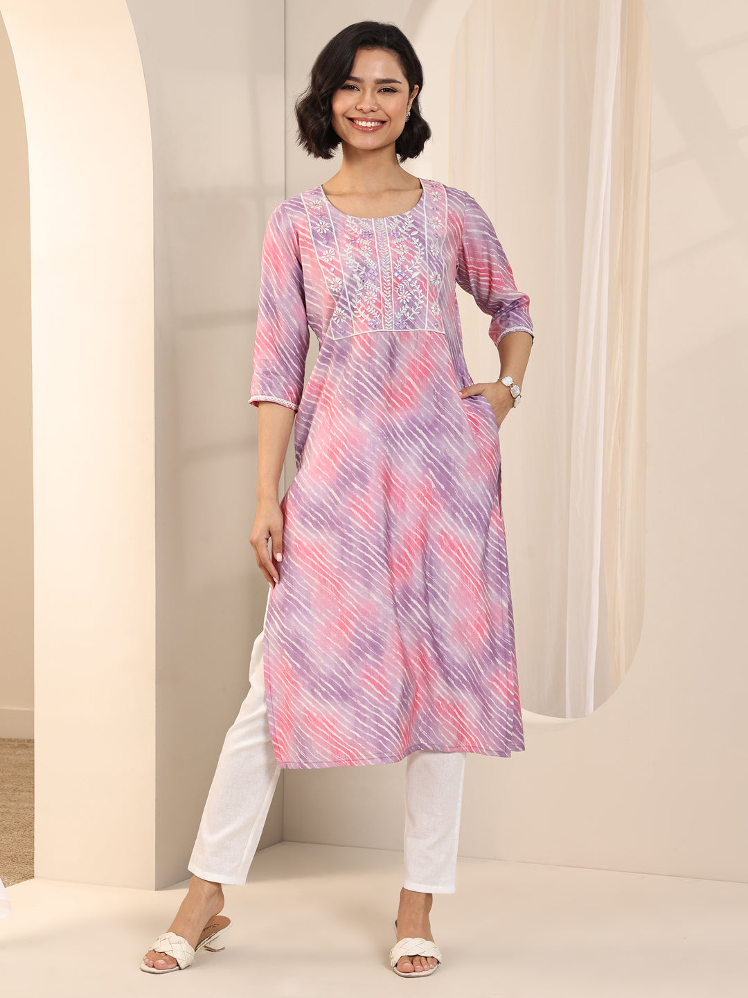  Lavender Printed Silk Blend Straight Kurta 