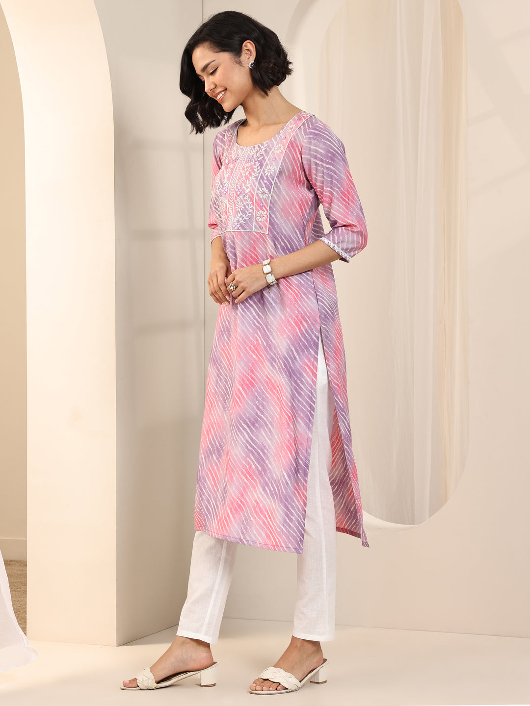  Lavender Printed Silk Blend Straight Kurta 