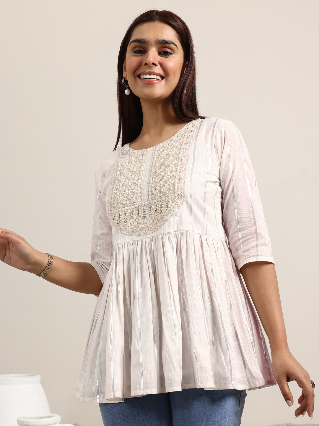  Off White Printed Cotton Anarkali Short Kurti 