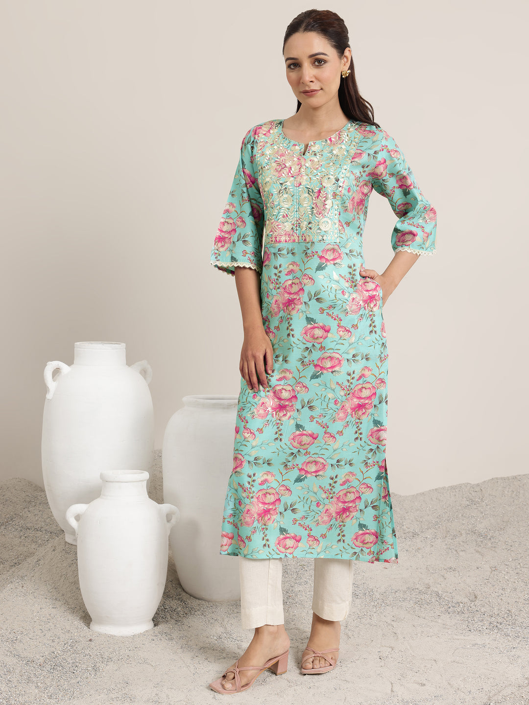  Blue Printed Silk Blend Straight Kurta 