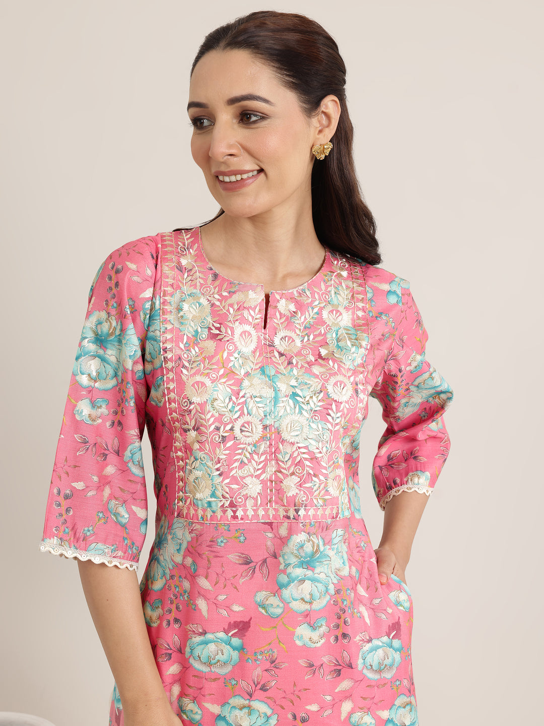  Pink Printed Silk Blend Straight Kurta 