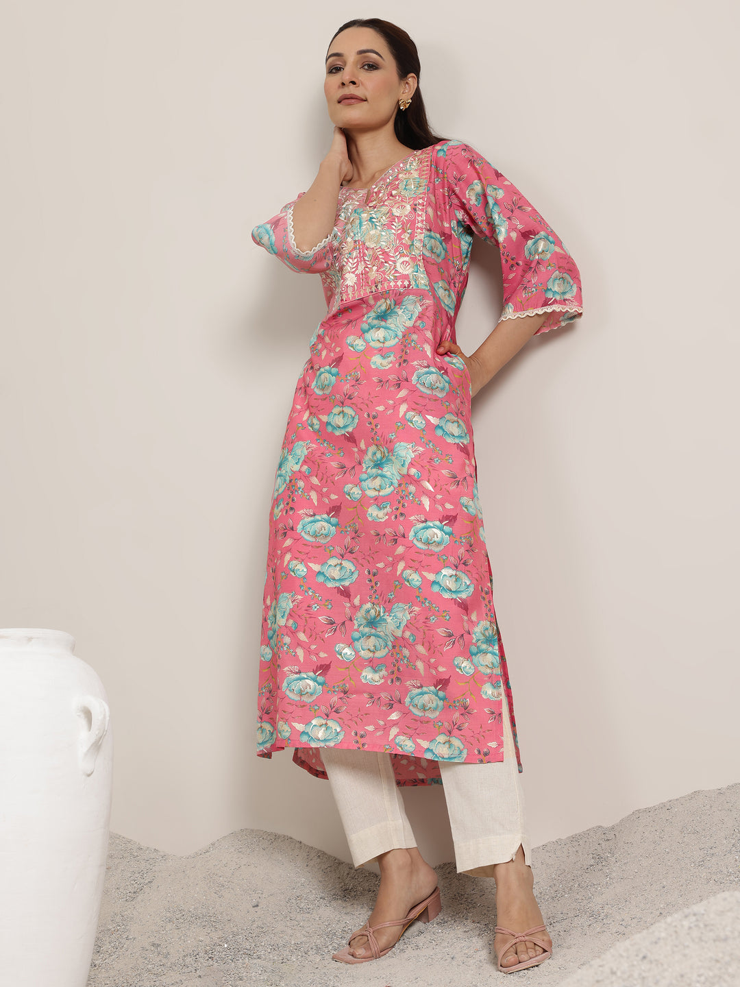  Pink Printed Silk Blend Straight Kurta 