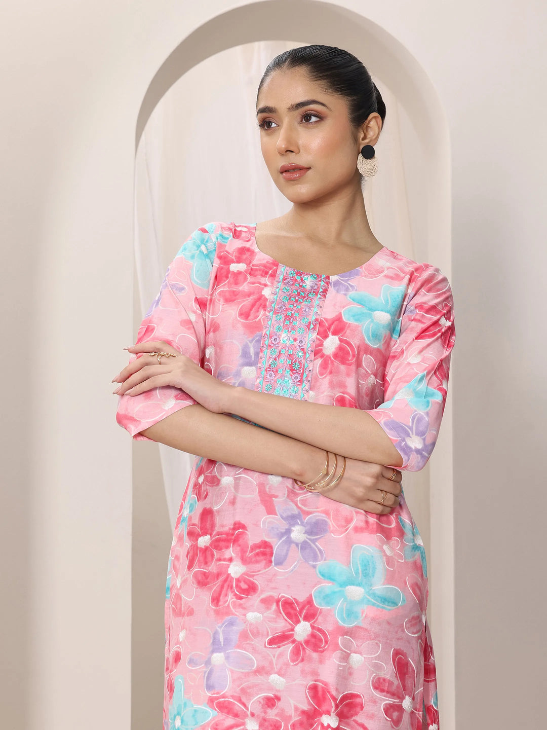  Pink Printed Silk Blend Straight Kurta 