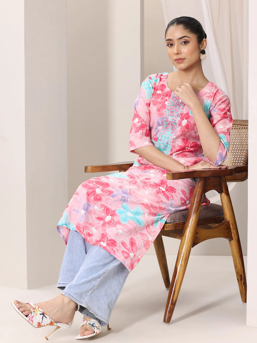 Pink Printed Silk Blend Straight Kurta