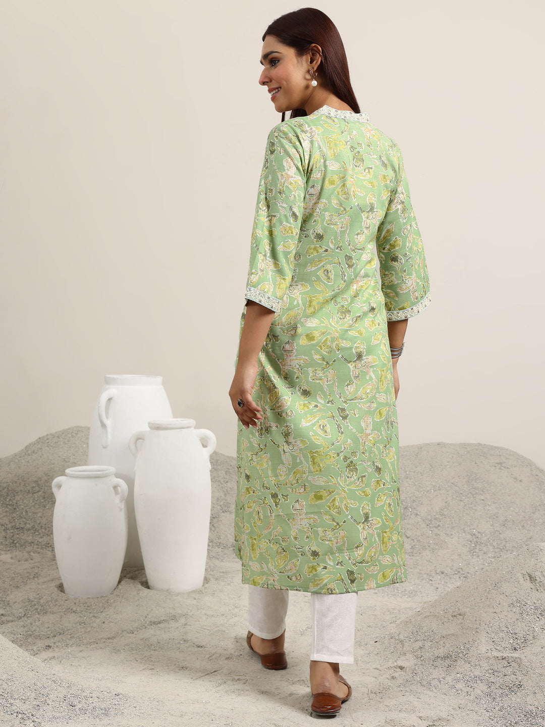  Green Printed Cotton Blend Straight Kurta 