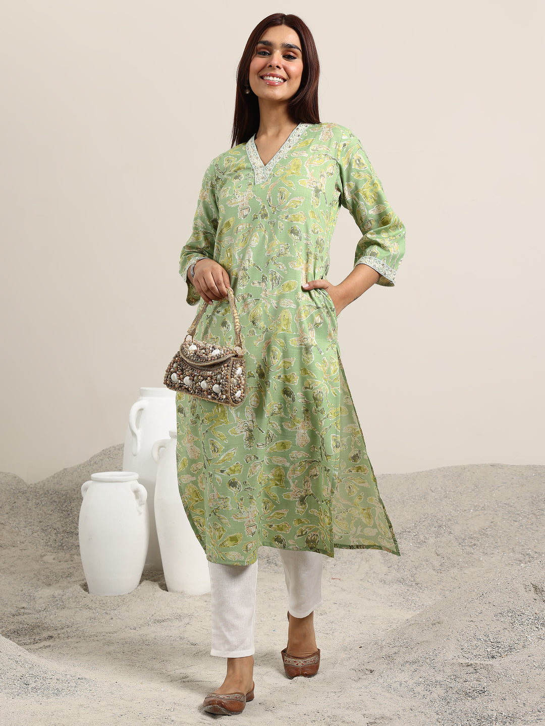  Green Printed Cotton Blend Straight Kurta 