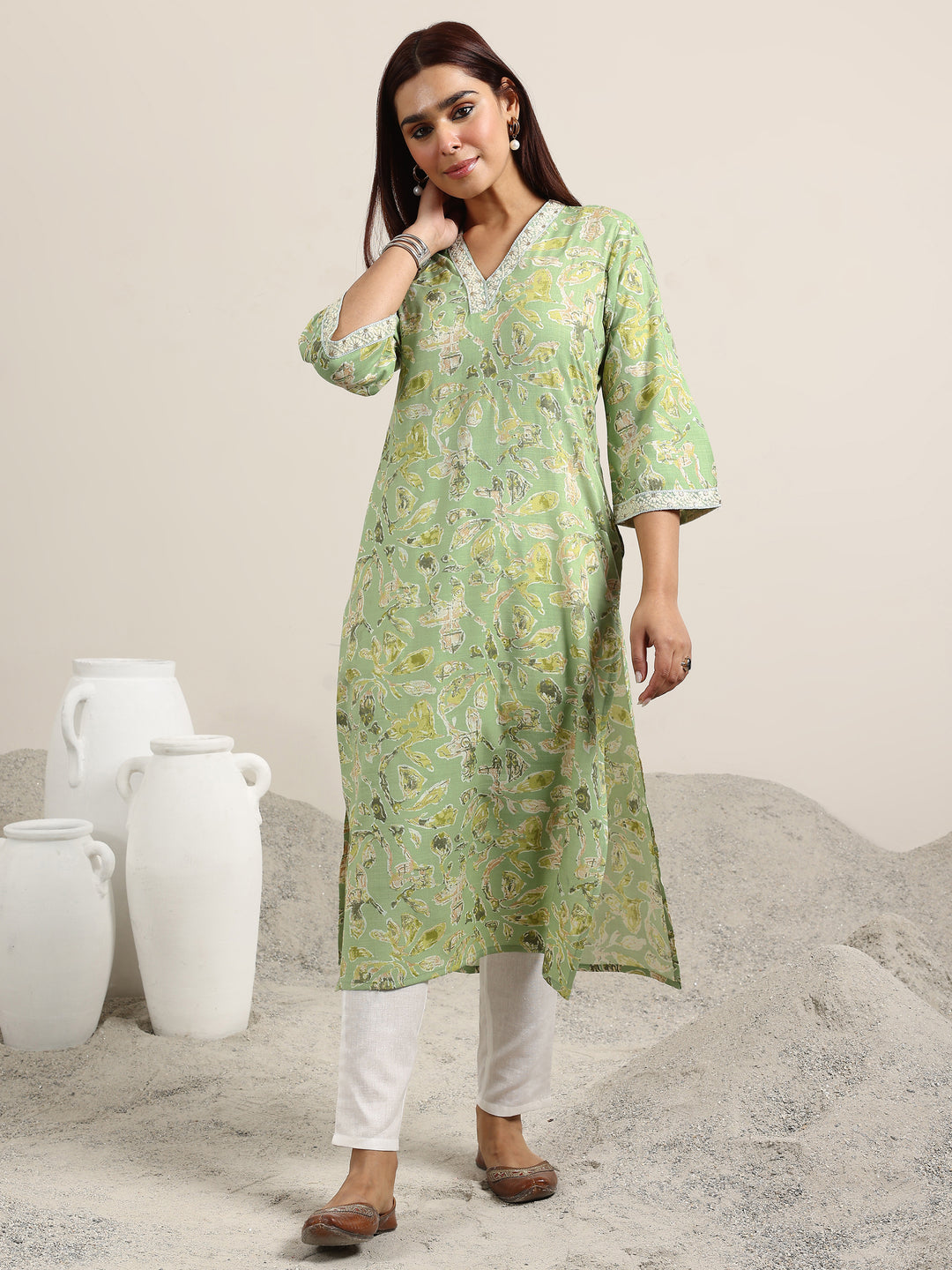  Green Printed Cotton Blend Straight Kurta 