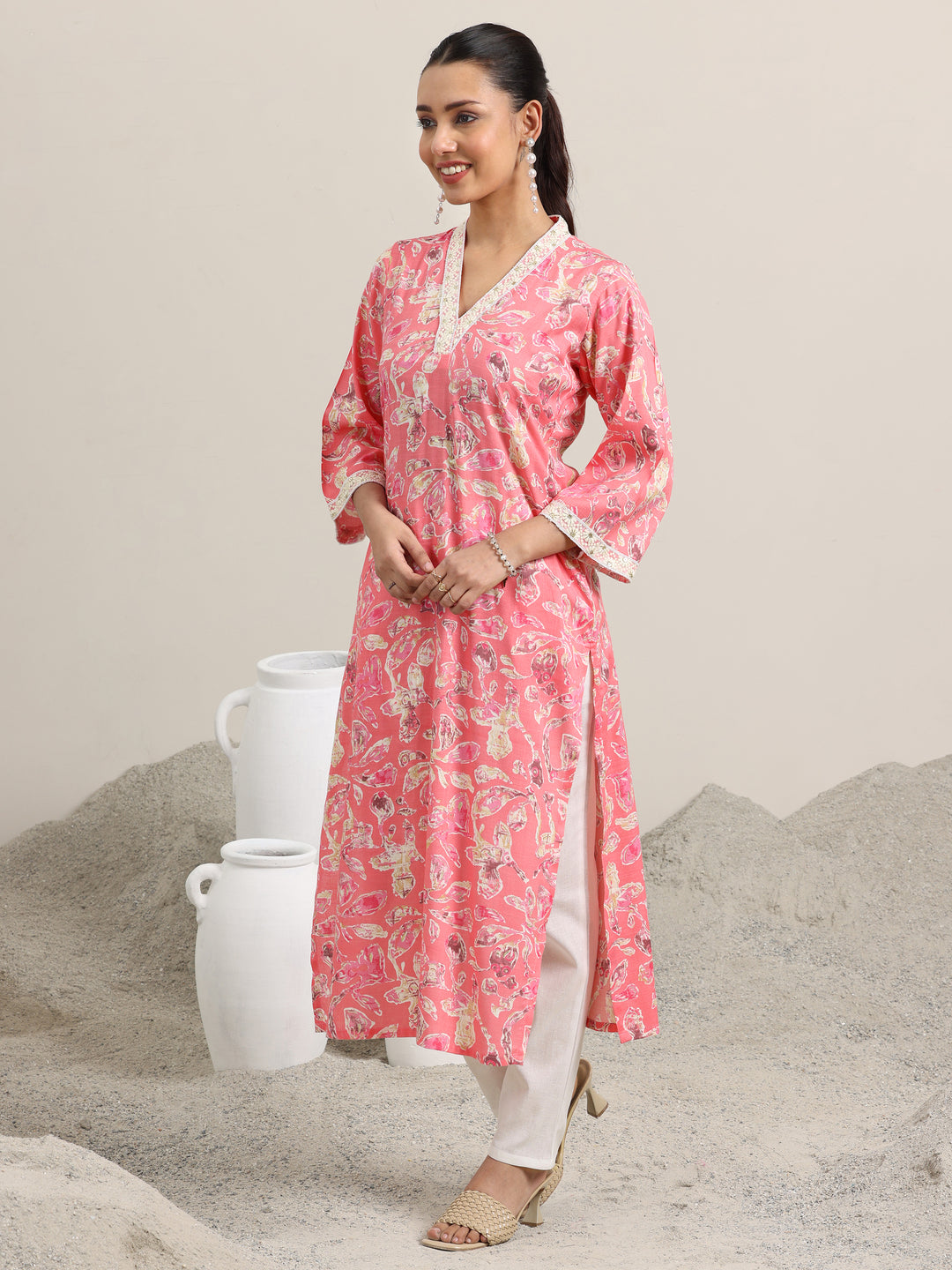  Pink Printed Cotton Blend Straight Kurta 