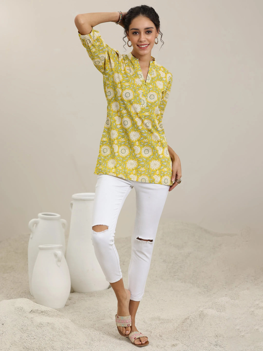  Yellow Printed Cotton Straight Short Kurti 