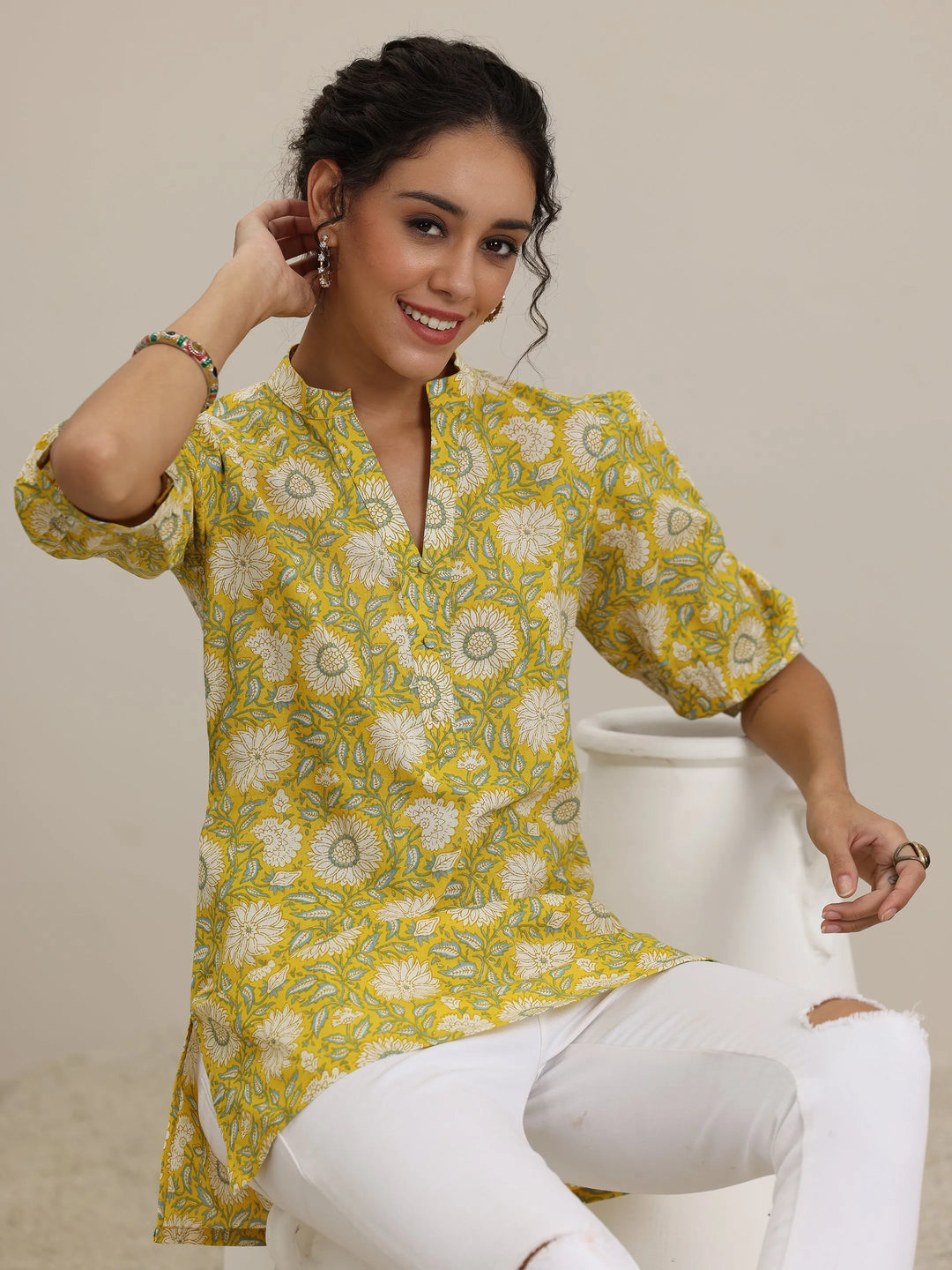  Yellow Printed Cotton Straight Short Kurti 