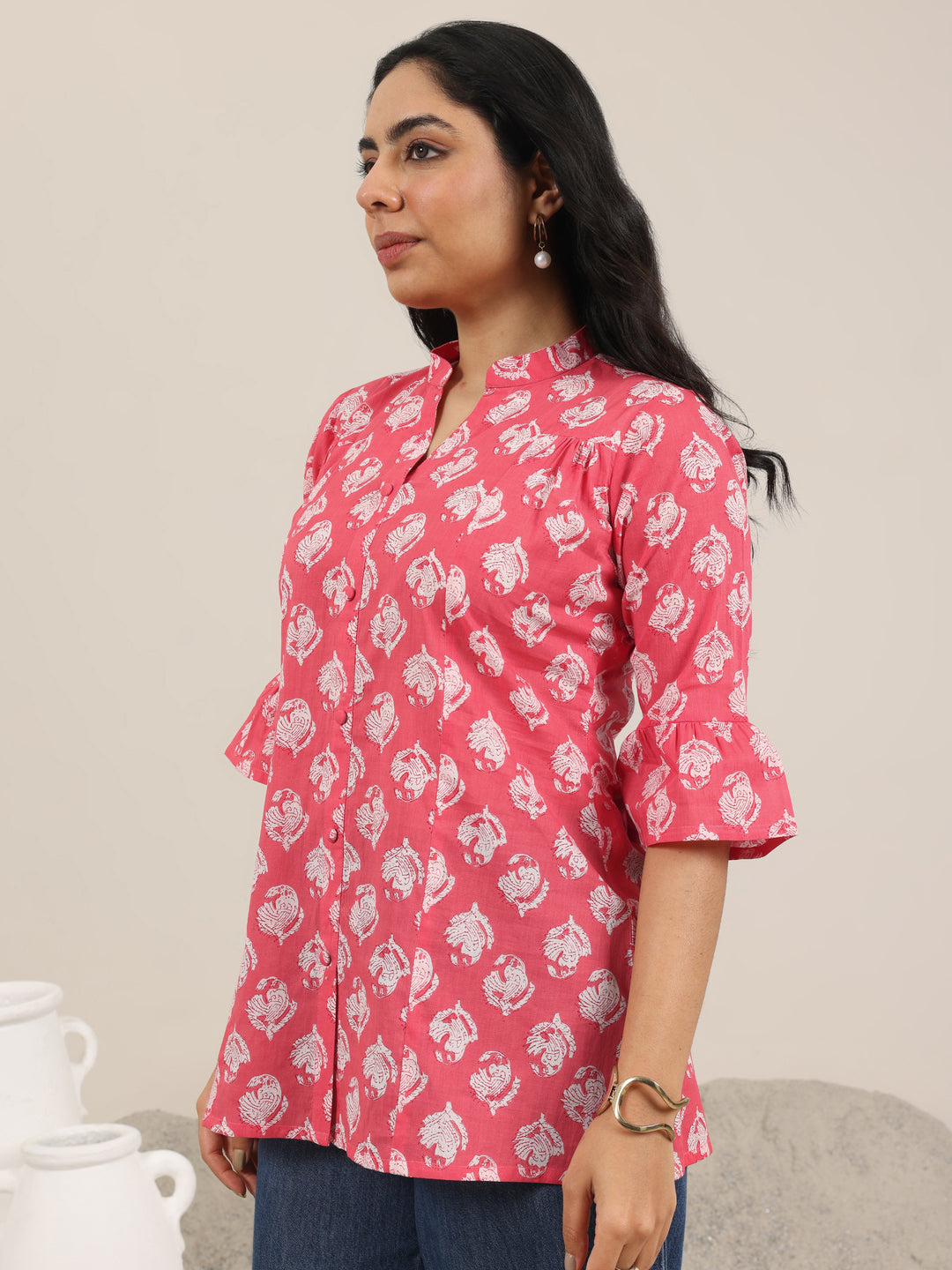  Coral Printed Cotton Straight Short Kurti 