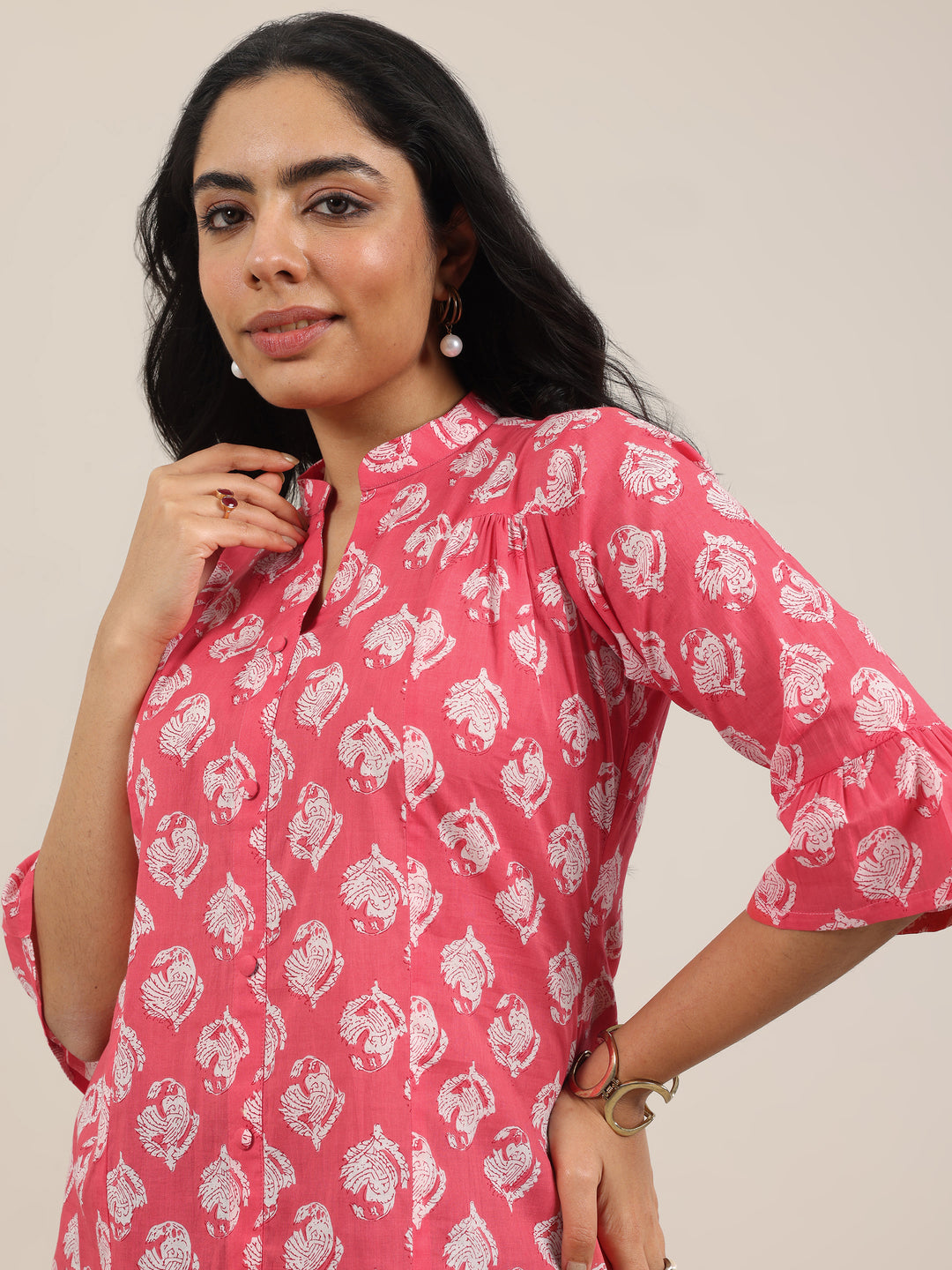  Coral Printed Cotton Straight Short Kurti 