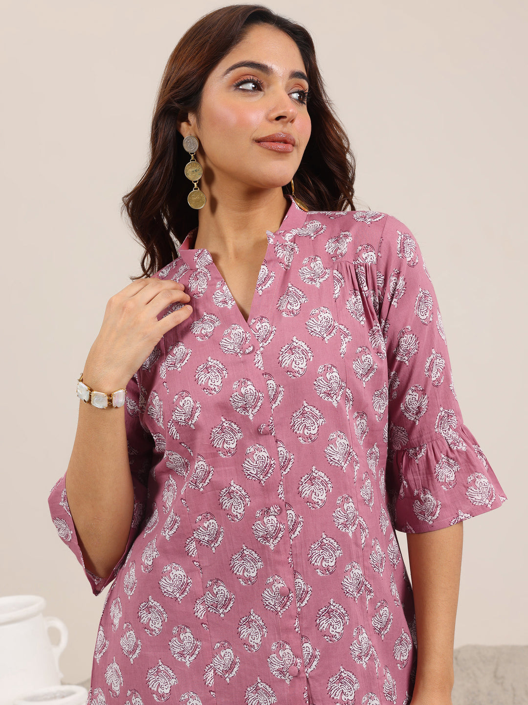  Mauve Printed Cotton Straight Short Kurti 