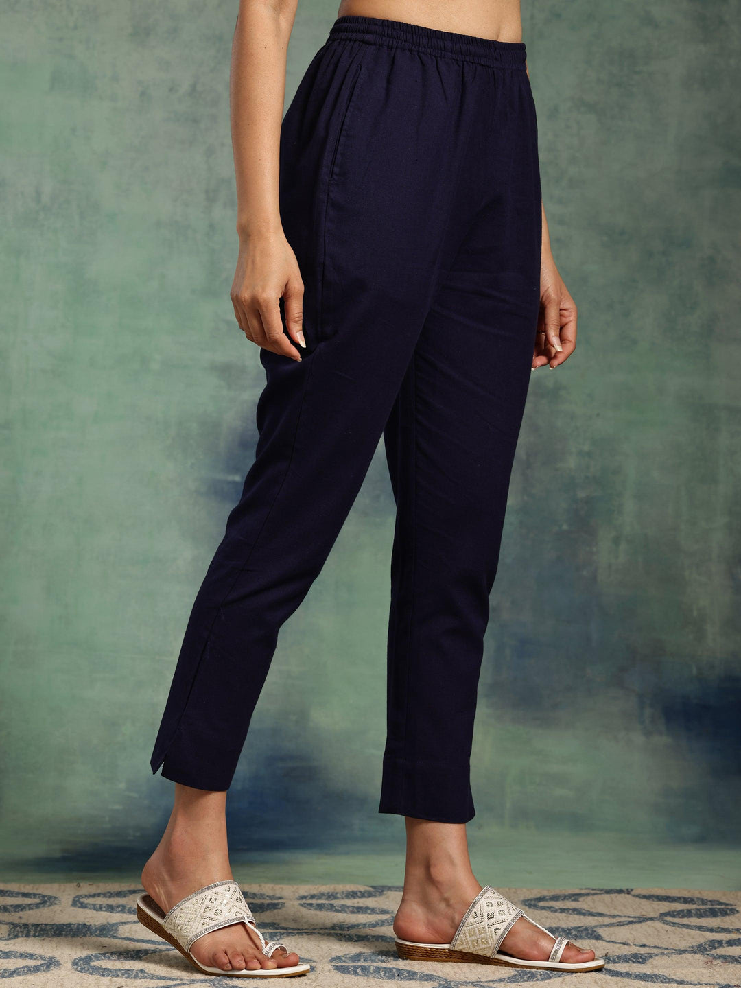 Navy Blue Solid Cotton Straight Fit Trousers - Libas 