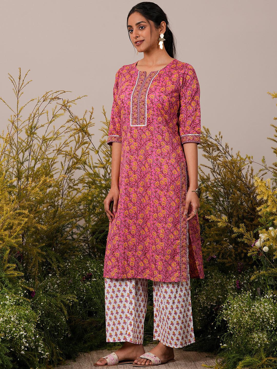 Pink Printed Cotton Straight Suit With Dupatta - Libas 