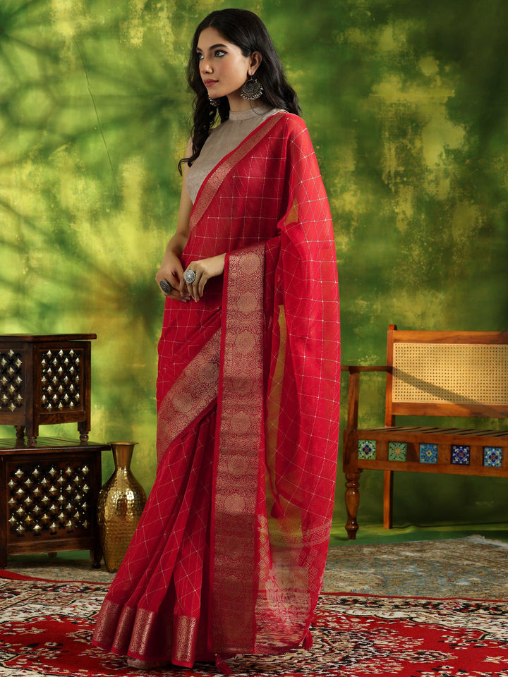 Red Printed Silk Blend Saree With Unstitched Blouse Piece - Libas