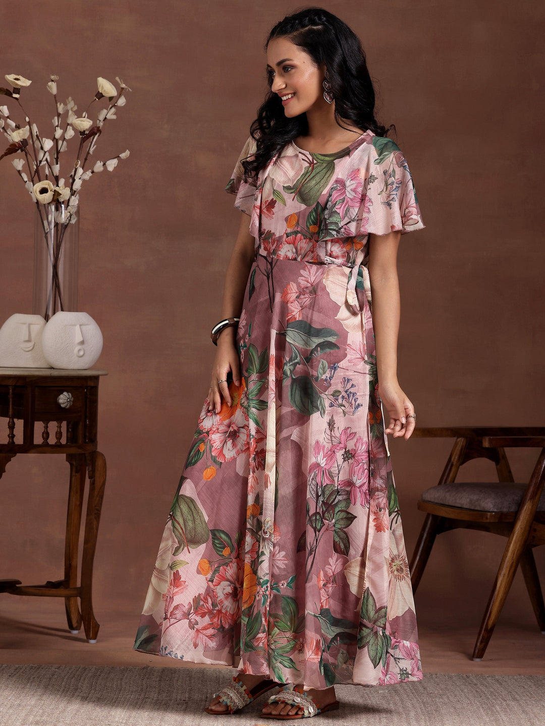 Mauve Printed Chiffon A-Line Dress With Belt - Libas 