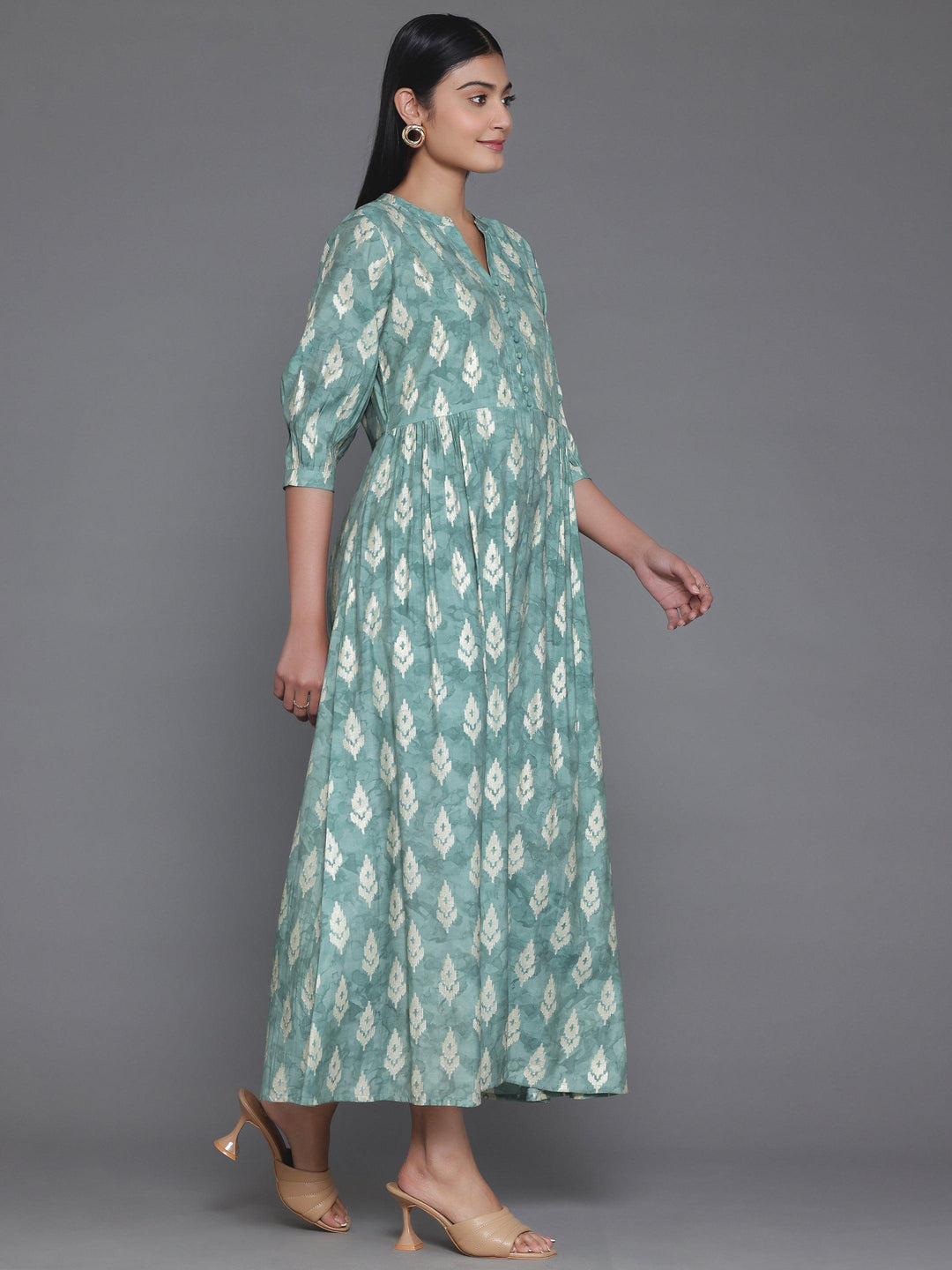 Green Printed Silk Fit and Flare Dress - Libas 