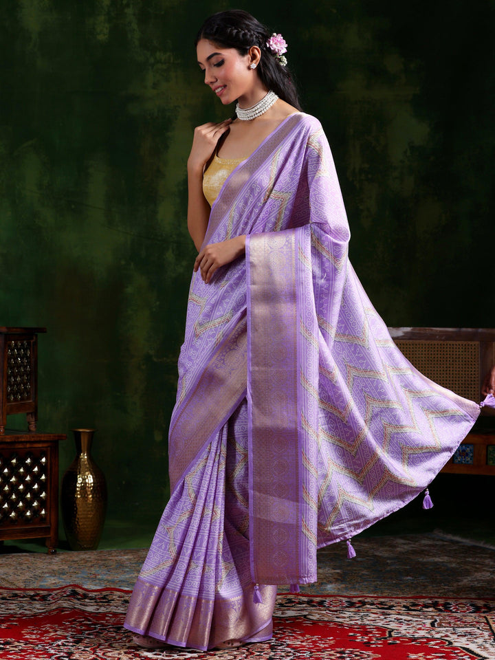 Lavender Printed Silk Blend Saree With Unstitched Blouse Piece - Libas