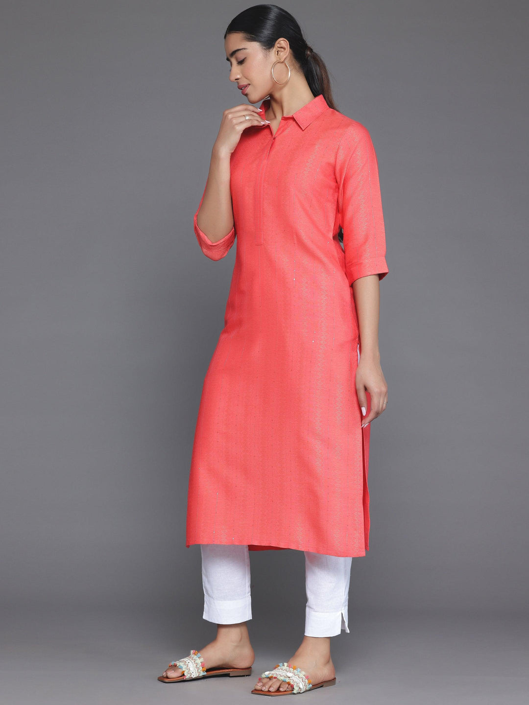 Coral Woven Design Cotton Straight Kurta - Libas 