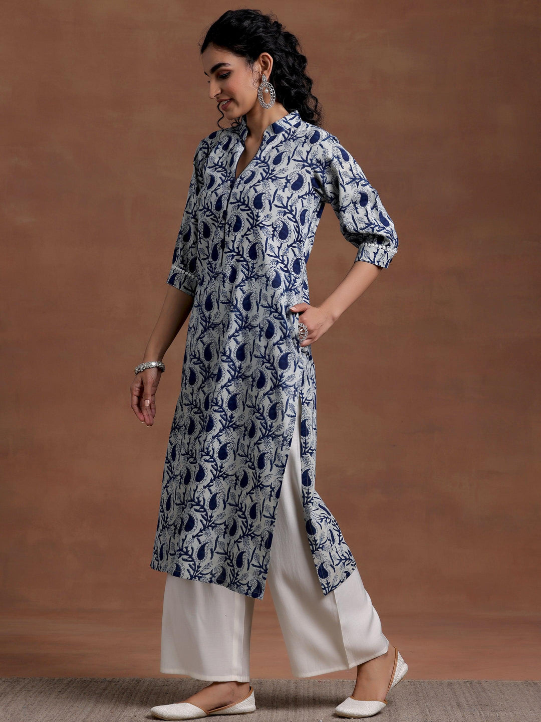 Blue Printed Cotton Straight Kurta - Libas 