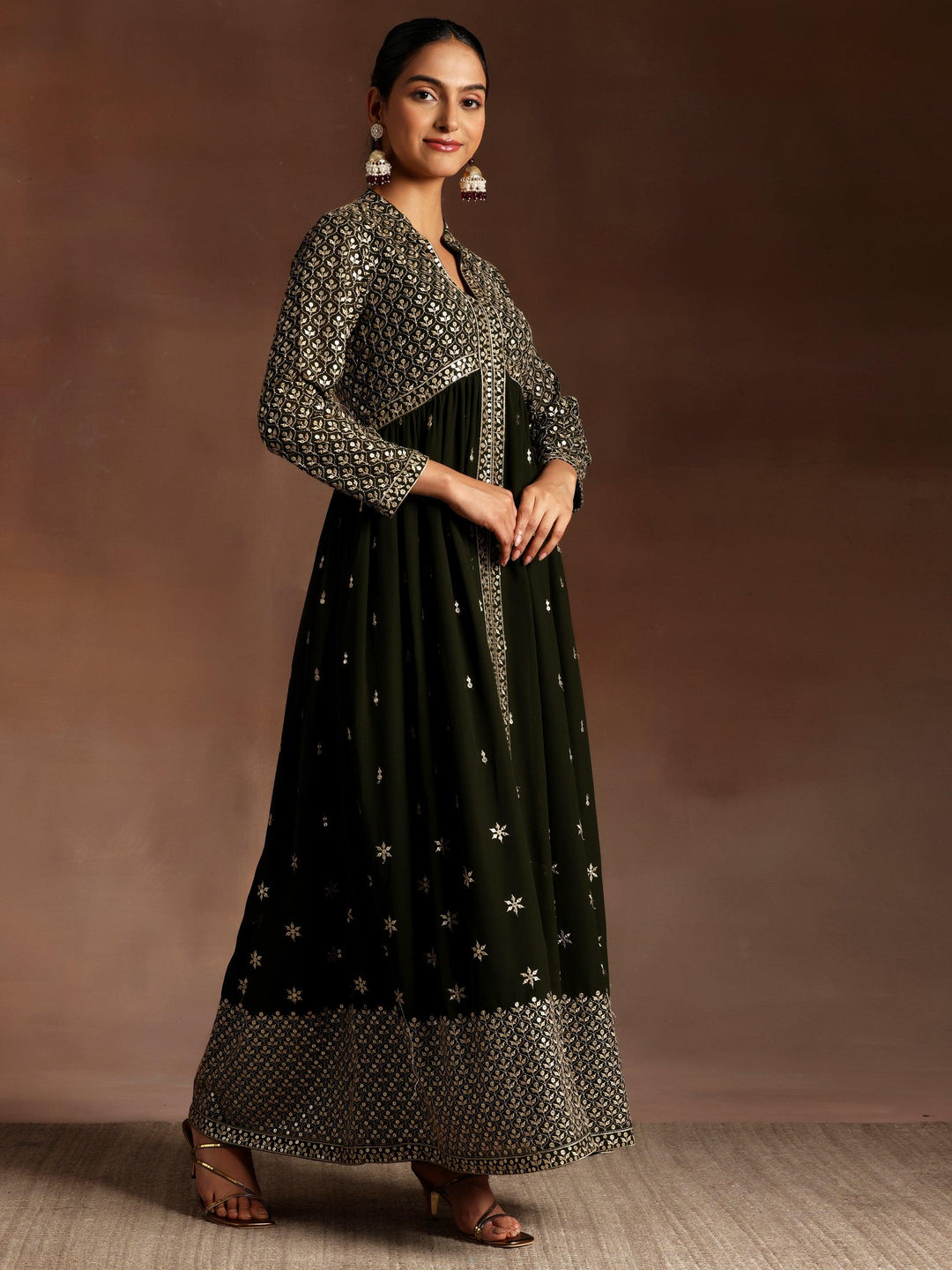 Olive Embroidered Georgette A-Line Kurta With Trousers & Dupatta - Libas