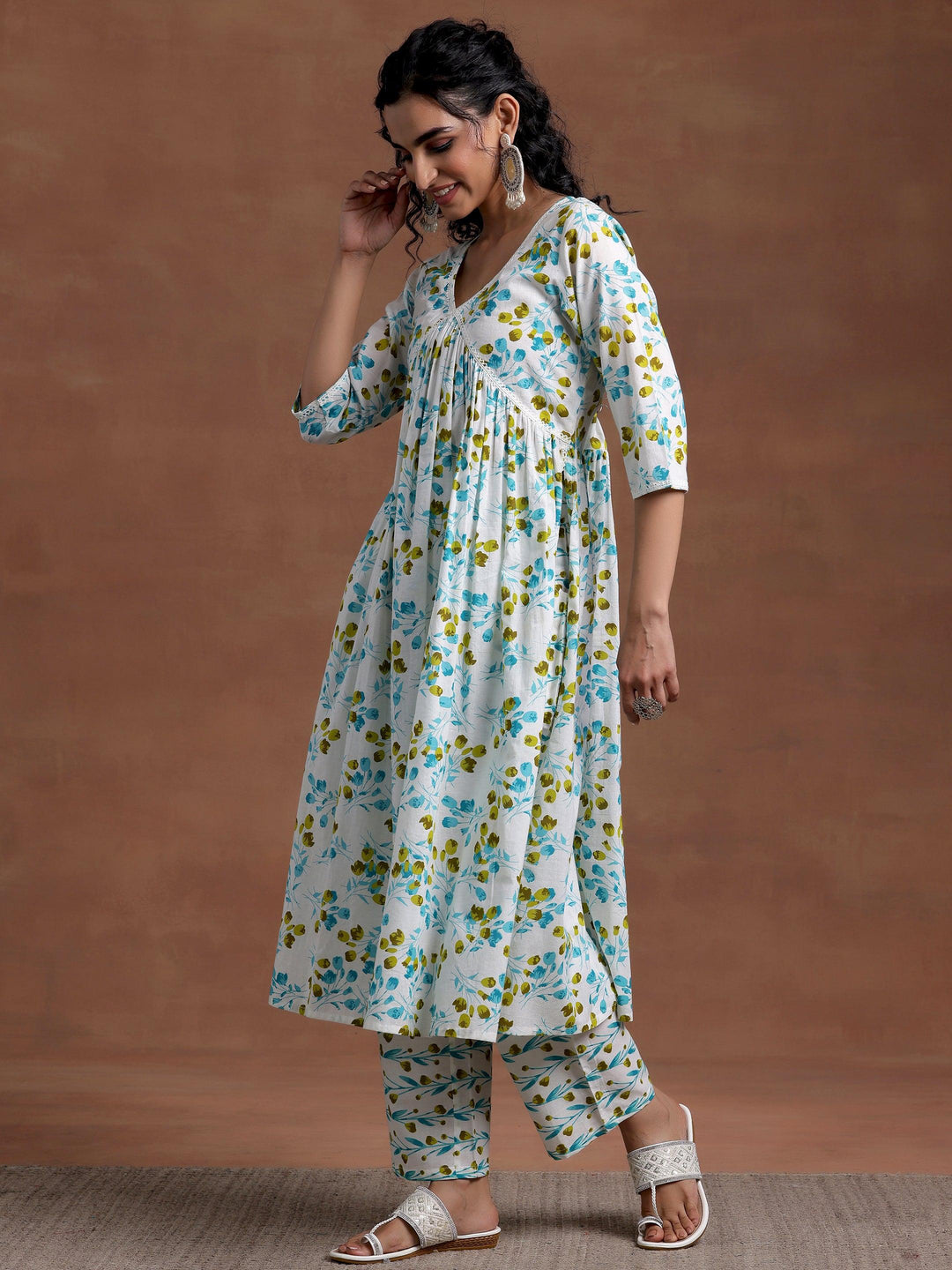 Off White Printed Cotton A-Line Kurta With Palazzos & Dupatta - Libas 