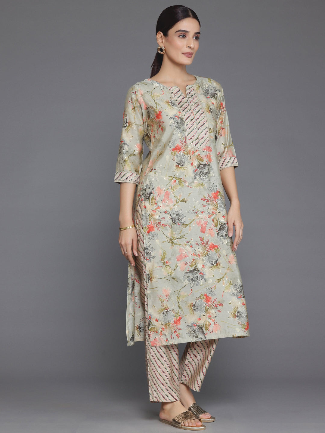 Grey Printed Silk Blend Straight Kurta Set - Libas 