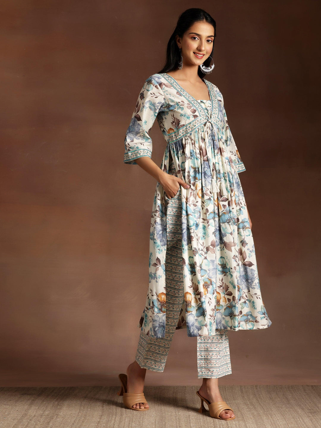 Off white Printed Silk Blend A-Line Kurta With Palazzos & Dupatta - Libas