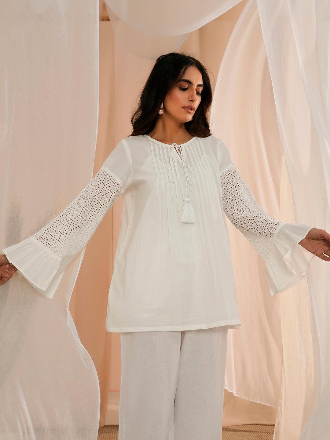 White Solid Cotton Straight Kurti - Libas