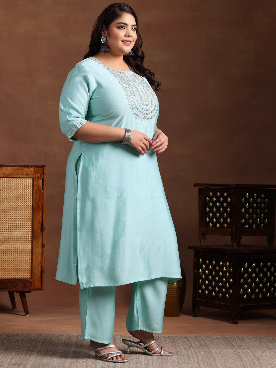 Plus Size Blue Yoke Design Silk Blend Straight Suit With Dupatta - Libas 