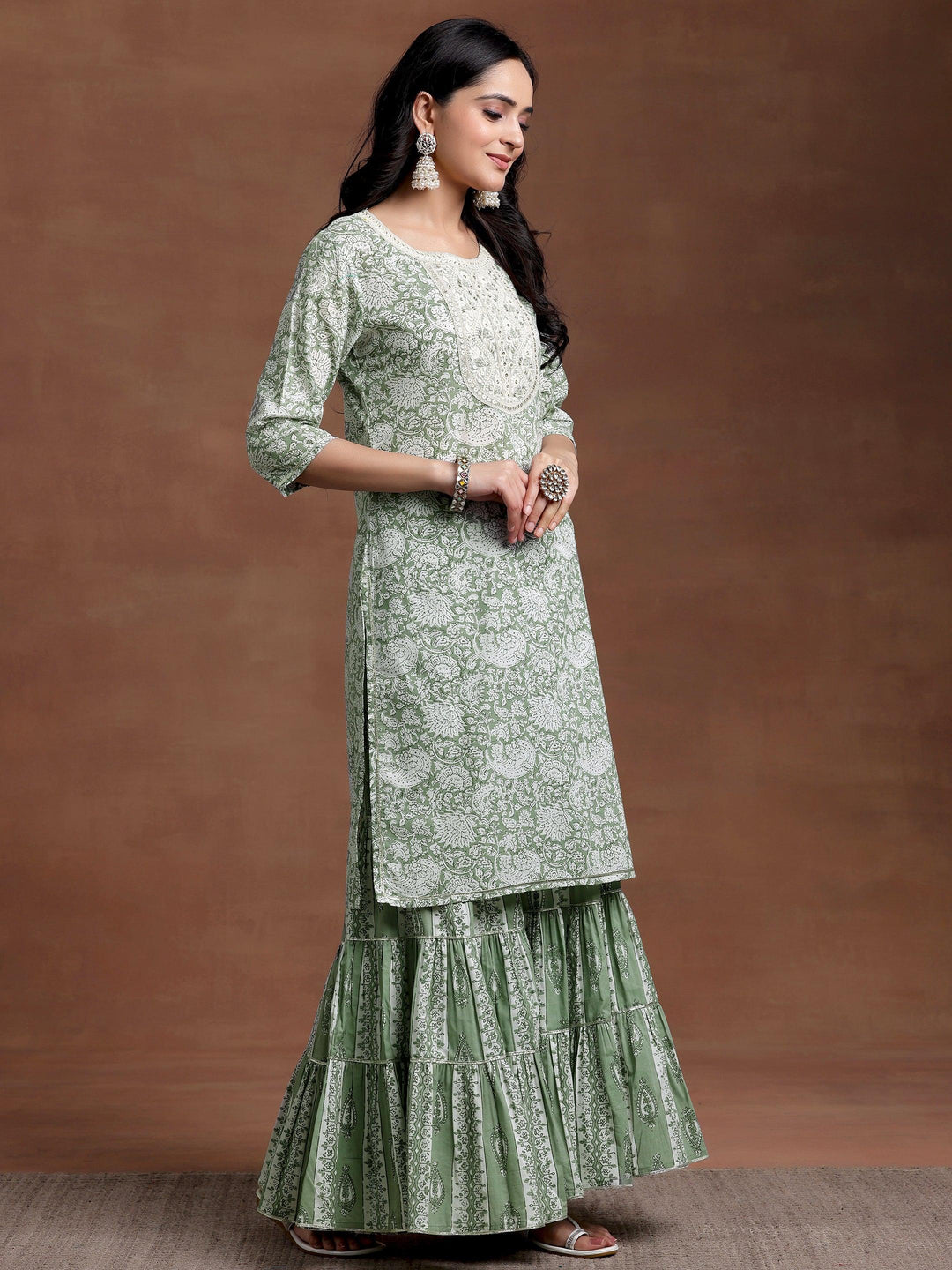 Green Yoke Design Cotton Straight Suit With Dupatta - Libas