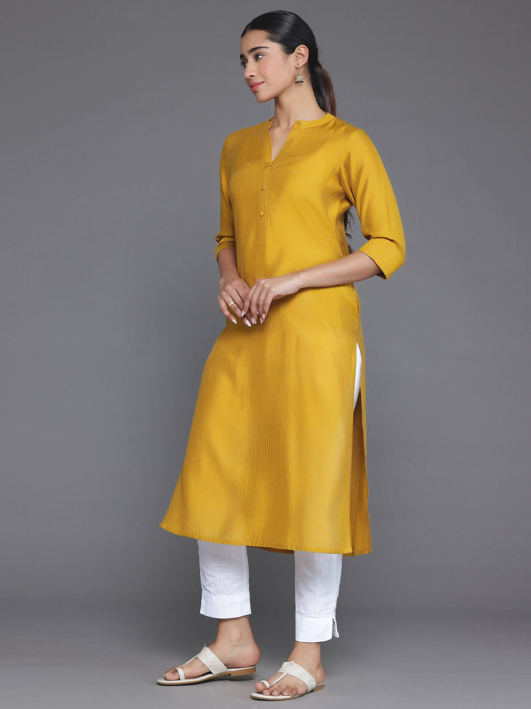 Mustard Woven Design Silk Straight Kurta - Libas 