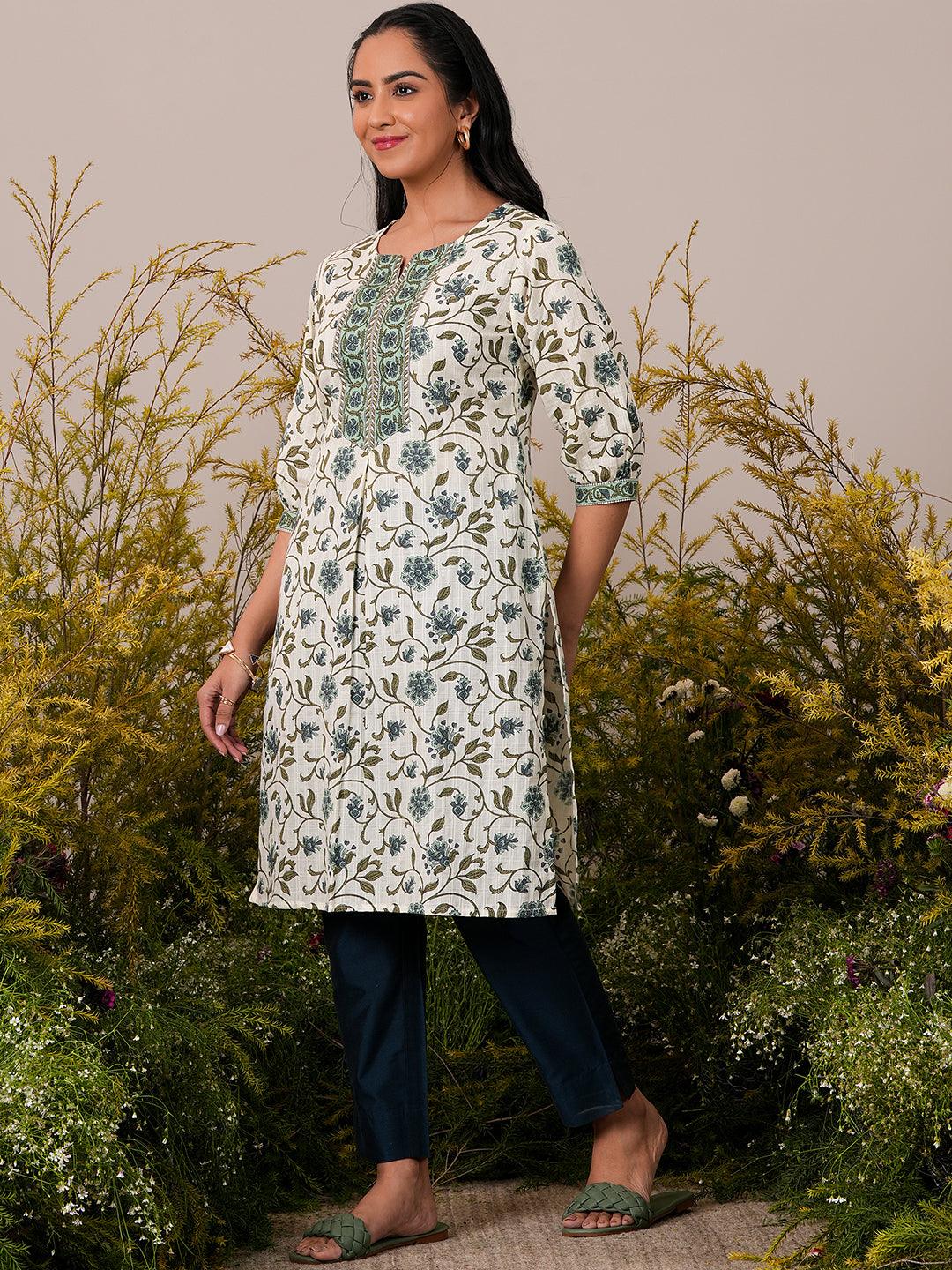 Beige Printed Cotton Straight Kurta - Libas 