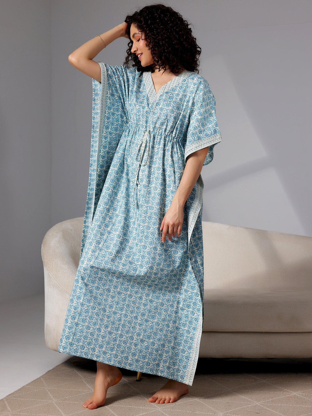 Blue Printed Cotton Kaftan Night Dress - Libas