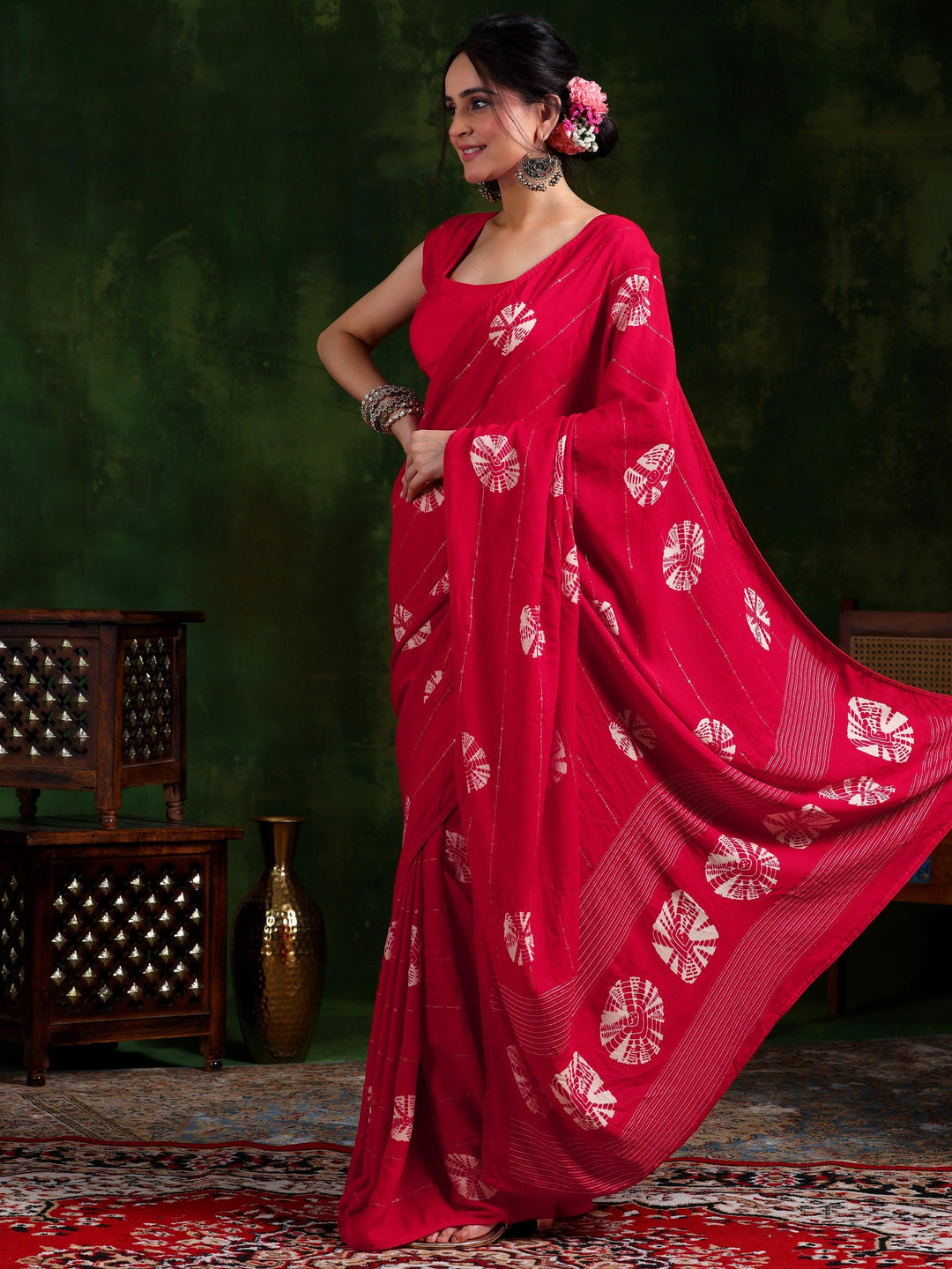 Red Printed Poly Chiffon Saree With Unstitched Blouse Piece - Libas