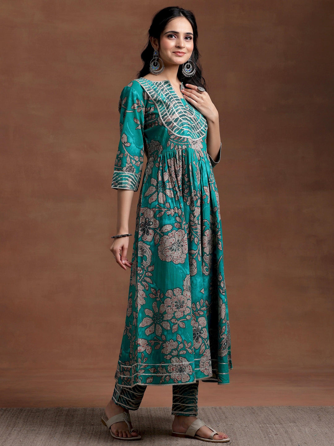 Green Printed Cotton Anarkali Suit With Dupatta - Libas 