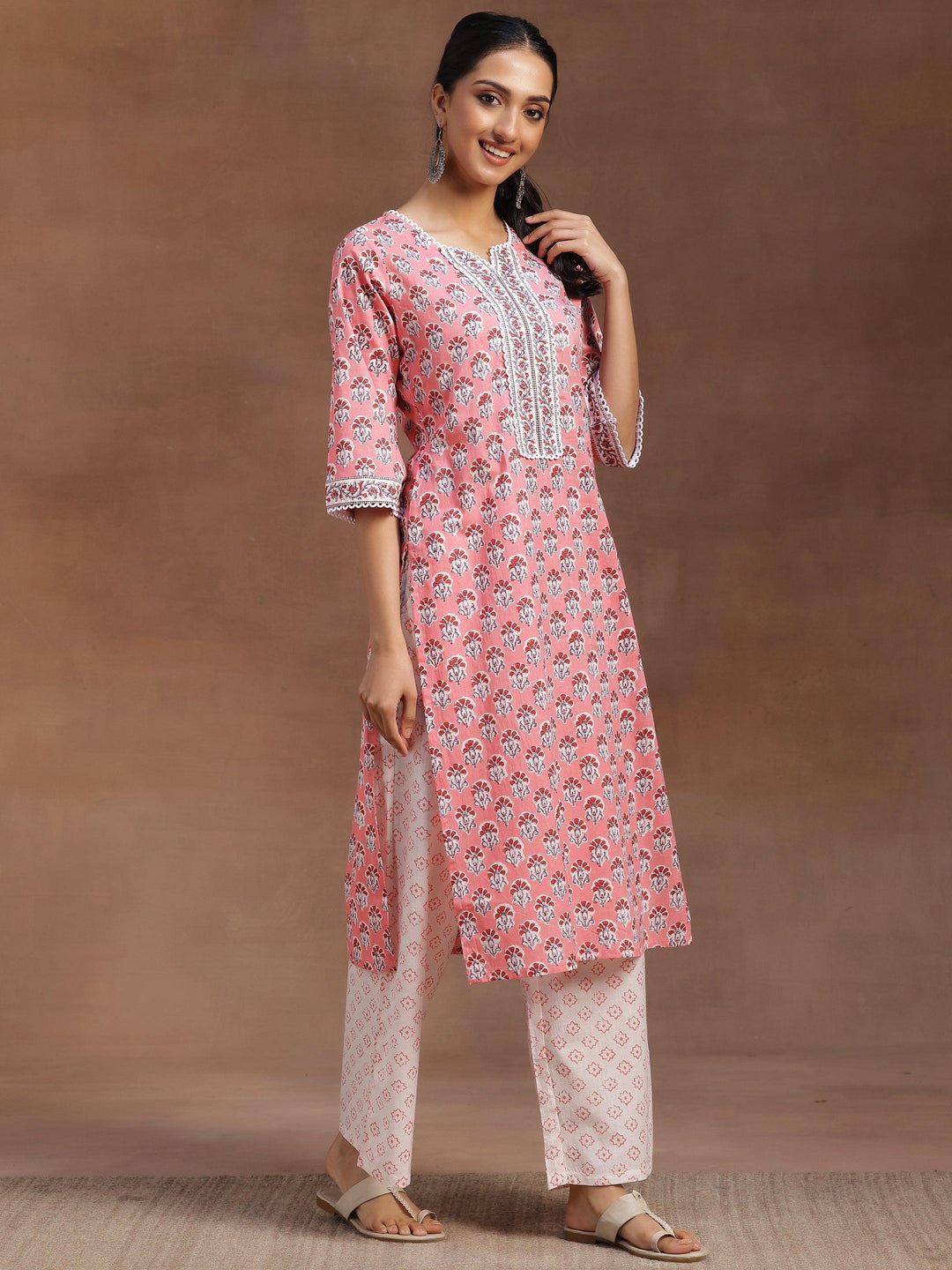 Peach Printed Cotton Straight Kurta With Palazzos - Libas