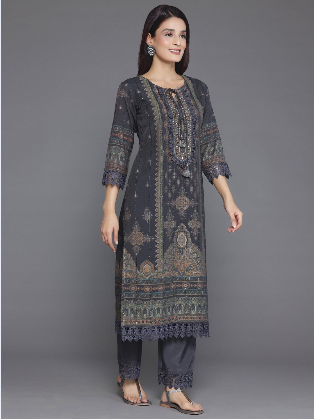 Grey Printed Silk Blend Straight Suit With Dupatta - Libas 