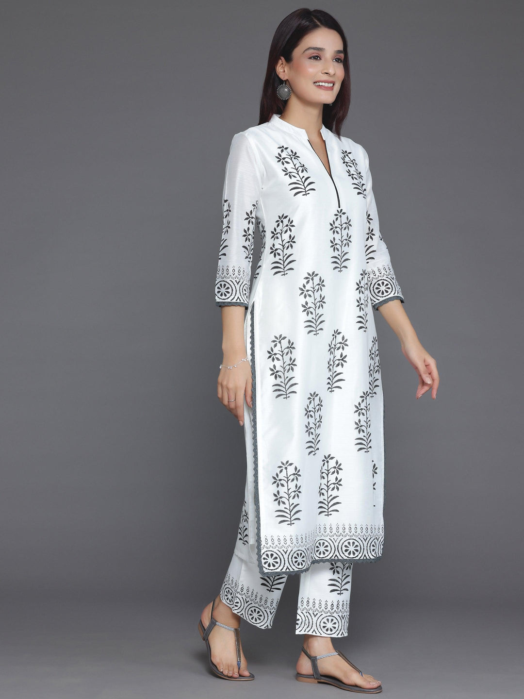 White Printed Chanderi Silk Straight Suit With Dupatta - Libas 