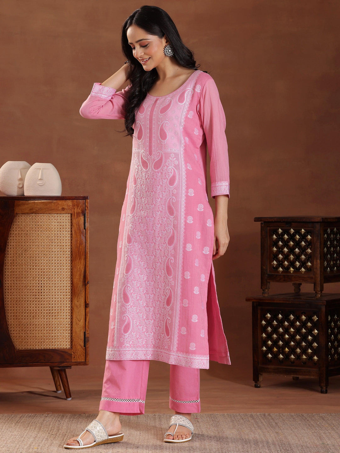 Pink Woven Design Cotton Straight Suit With Dupatta - Libas 