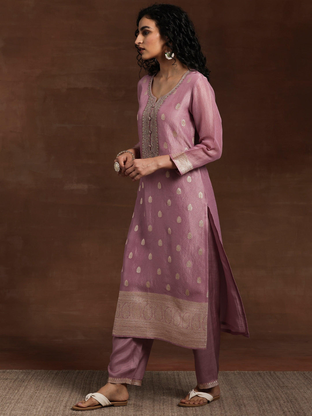 Mauve Woven Design Silk Blend Straight Kurta With Palazzos & Dupatta - Libas