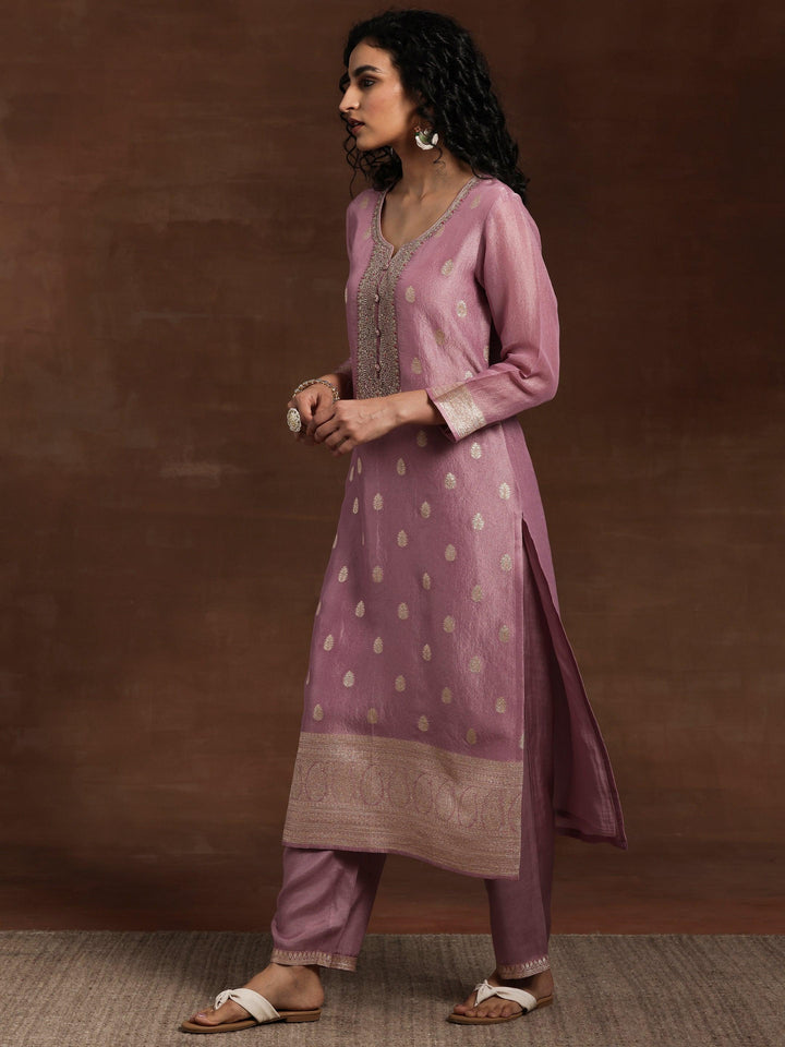 Mauve Woven Design Silk Blend Straight Kurta With Palazzos & Dupatta - Libas