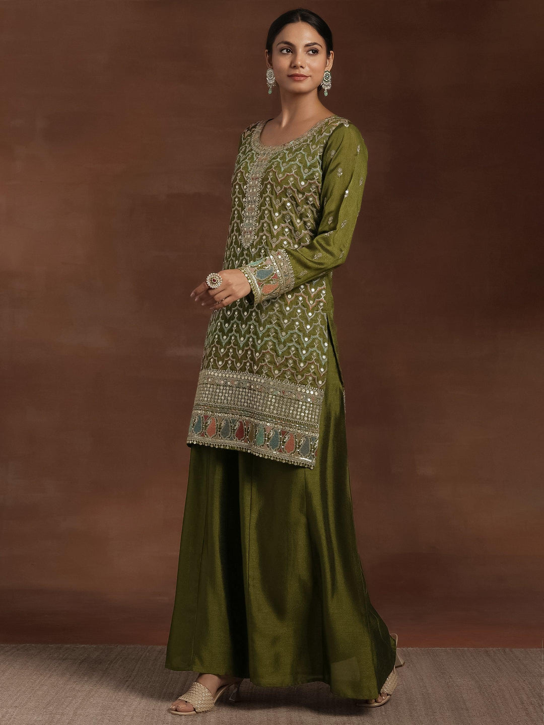 Olive Embroidered Silk Blend Straight Kurta With Palazzos & Dupatta - Libas 