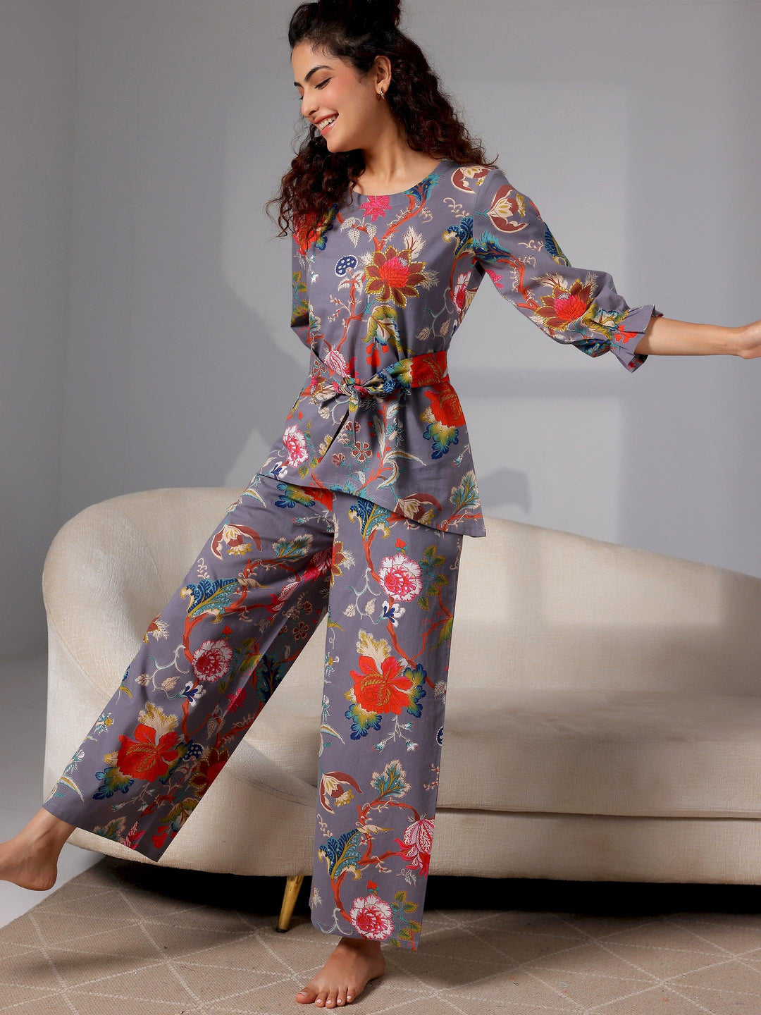 Grey Printed Cotton Night Suits - Libas