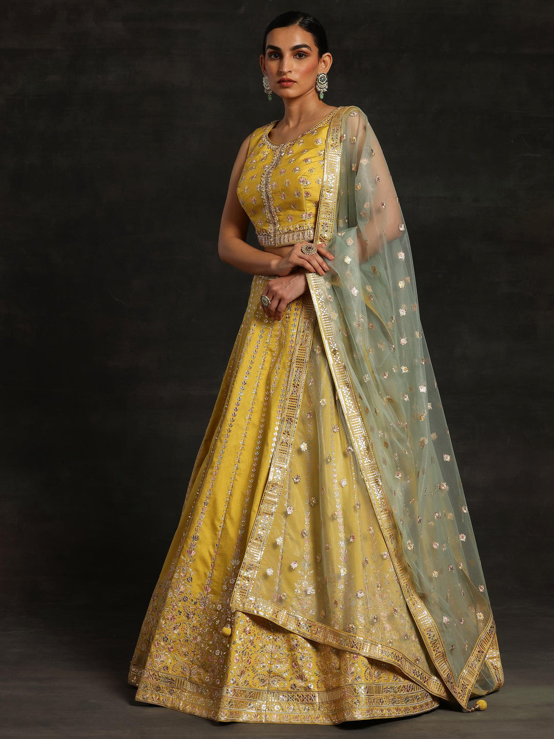 Libas Art Yellow Embroidered Silk Blend Lehenga Set - Libas