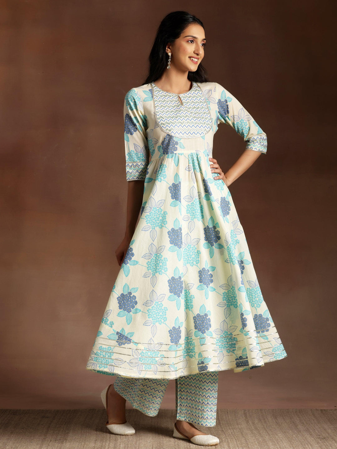 Turquoise Printed Cotton Anarkali Suit With Dupatta - Libas 